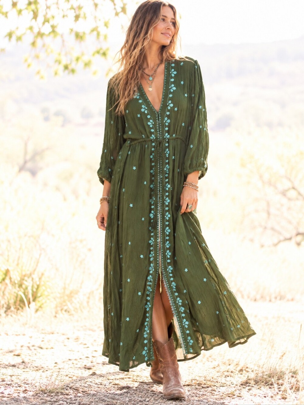 Natural Life XL Embroidered Olive Green Boho Maxi Dress Duster Tie Waist